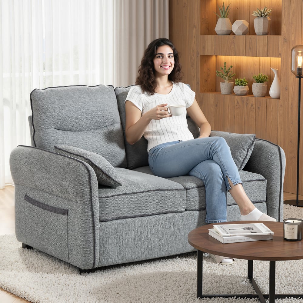 Canapé 2 places 2 oreillers poche latérale velours égyptien gris