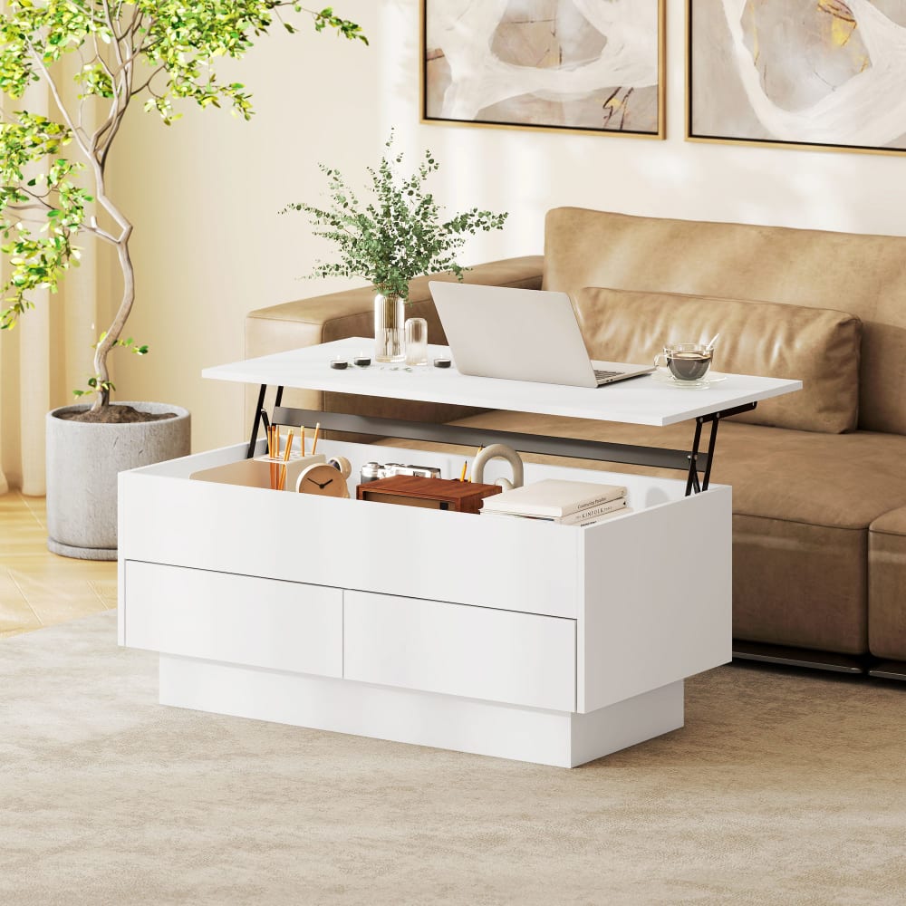 Table basse relevable compartiment tiroirs panneau de particules blanc