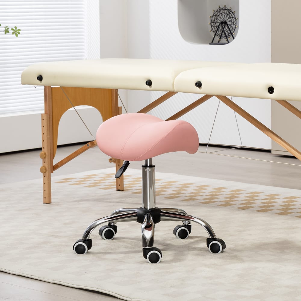 Tabouret à roulettes selle ergonomique pivotant 360° polyuréthan rose