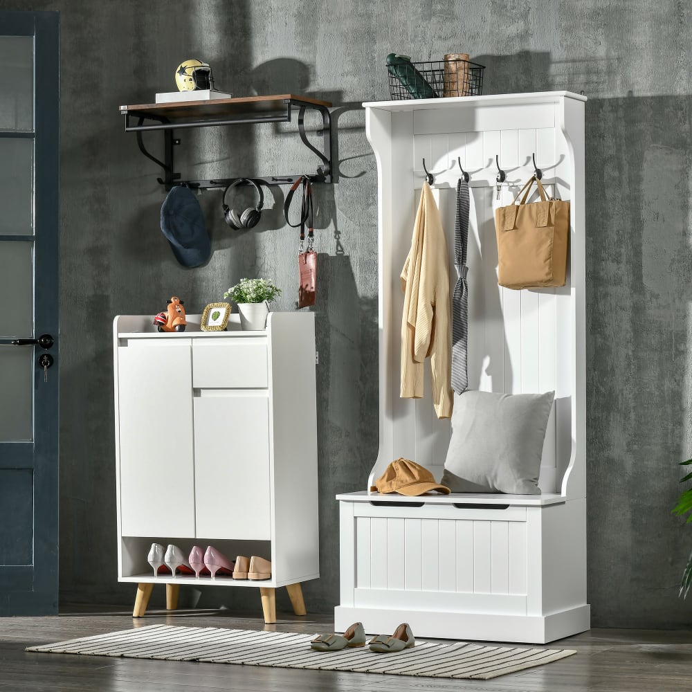 Meuble d'entrée 4 en 1 avec banc et 4 crochets MDF blanc