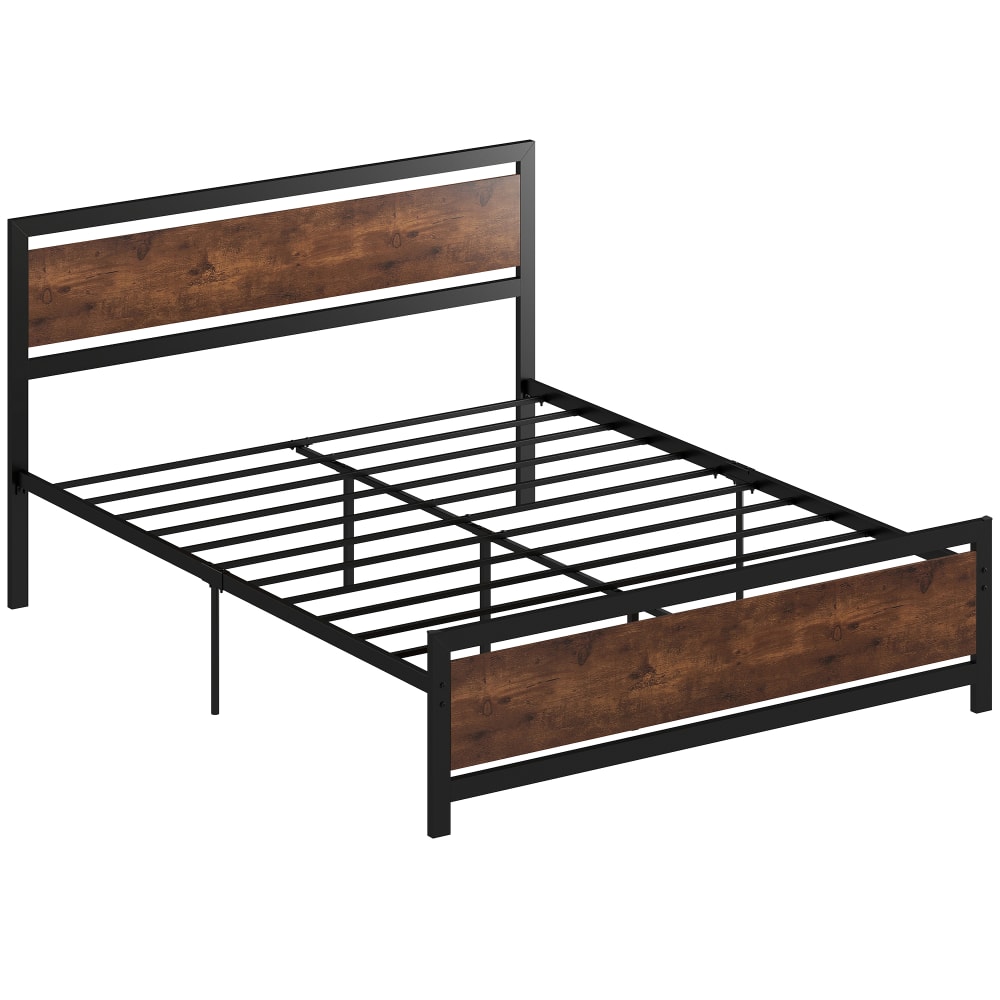 Cadre de lit double avec sommier intégré en acier aspect bois foncé