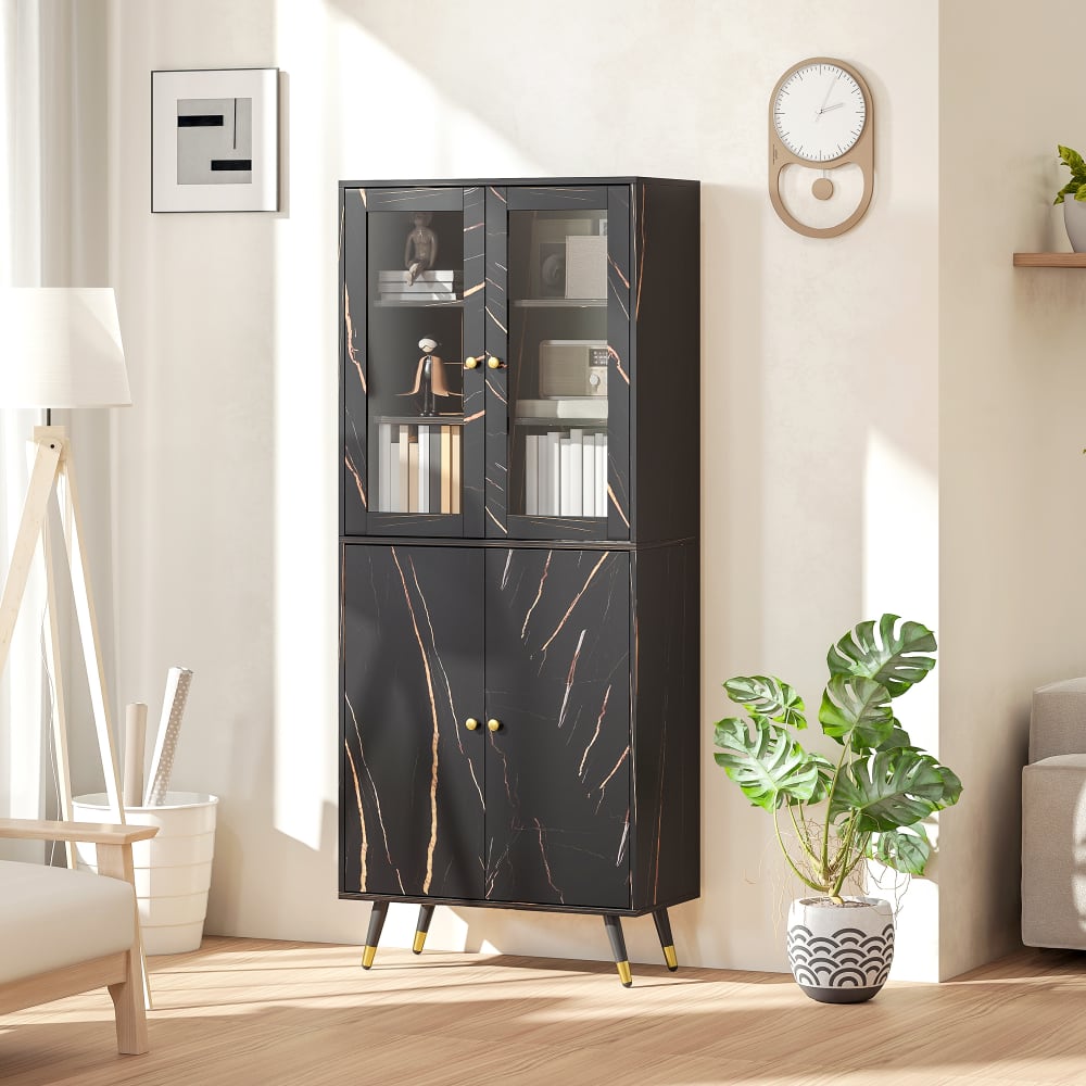 Schwarze Glasvitrinen-Bibliothek & Ingenieurholzschrank - Maisons