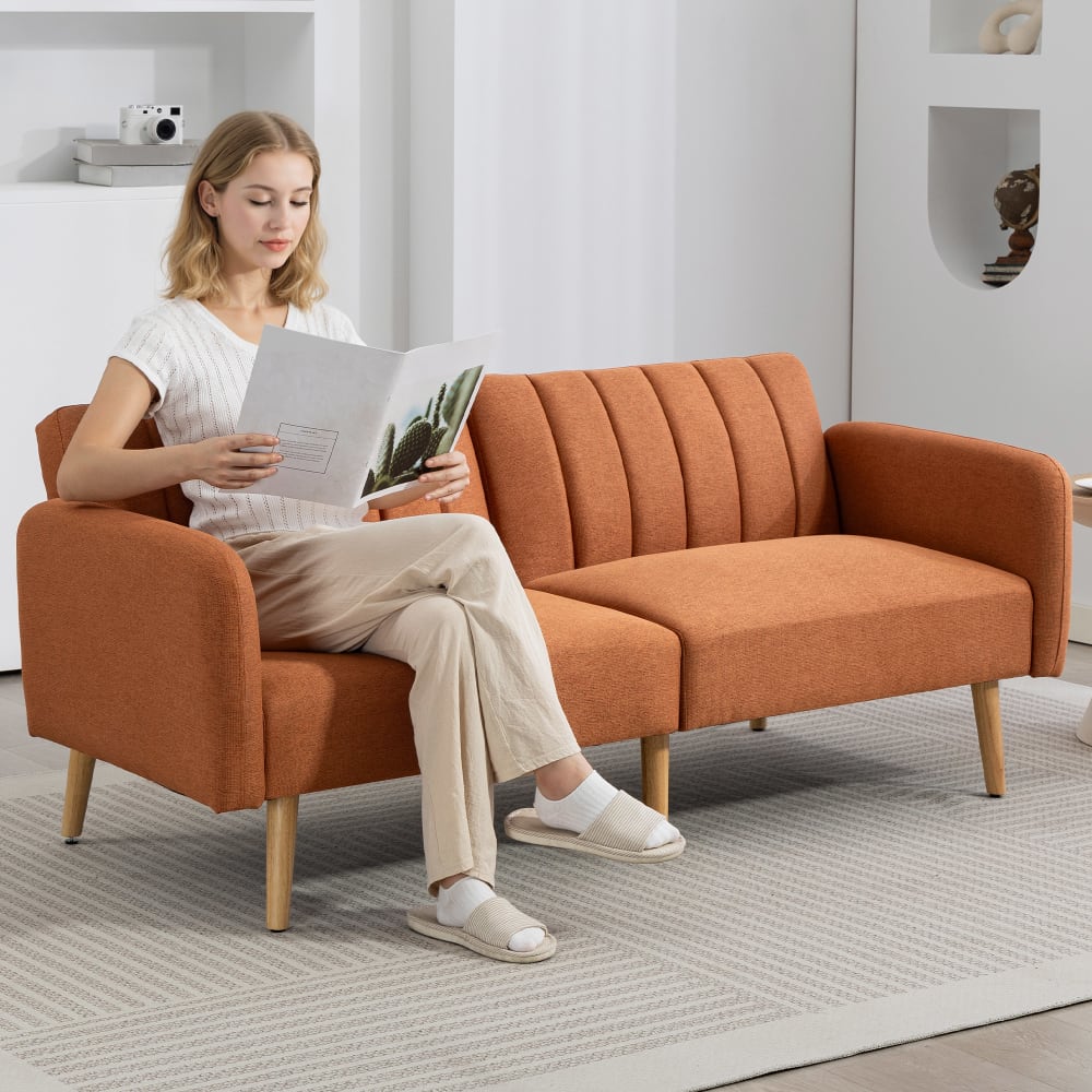 Canapé convertible 2 places design scandinave bois tissu marron