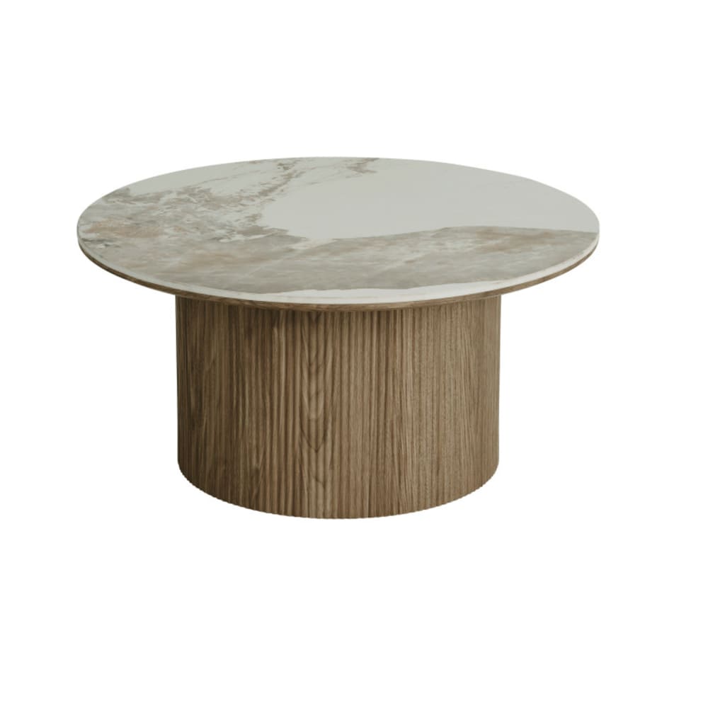 Table basse en céramique et décor bois ø80 cm