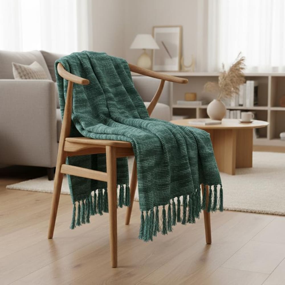 Couverture plaid bleu-verte avec franges 130x170 cm