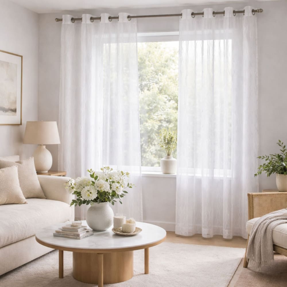 Voilage blanc motifs ondulés brodés polyester blanc 140x260 cm