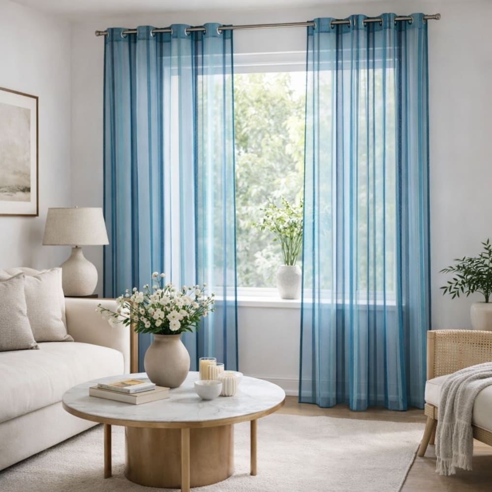 Voilage coloré rayures ton sur ton polyester bleu pétrole 140x260 cm