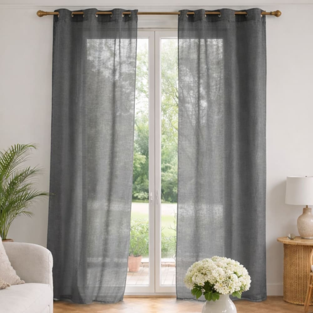 Voilage poly-lin uni  fluide polyester gris anthracite 140x240 cm