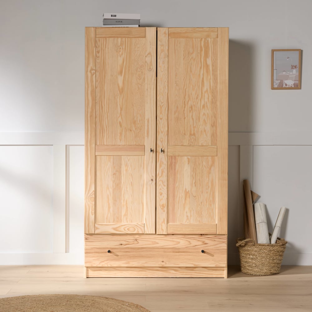 Armoire 2 portes 1 tiroir poignées noir bois massif