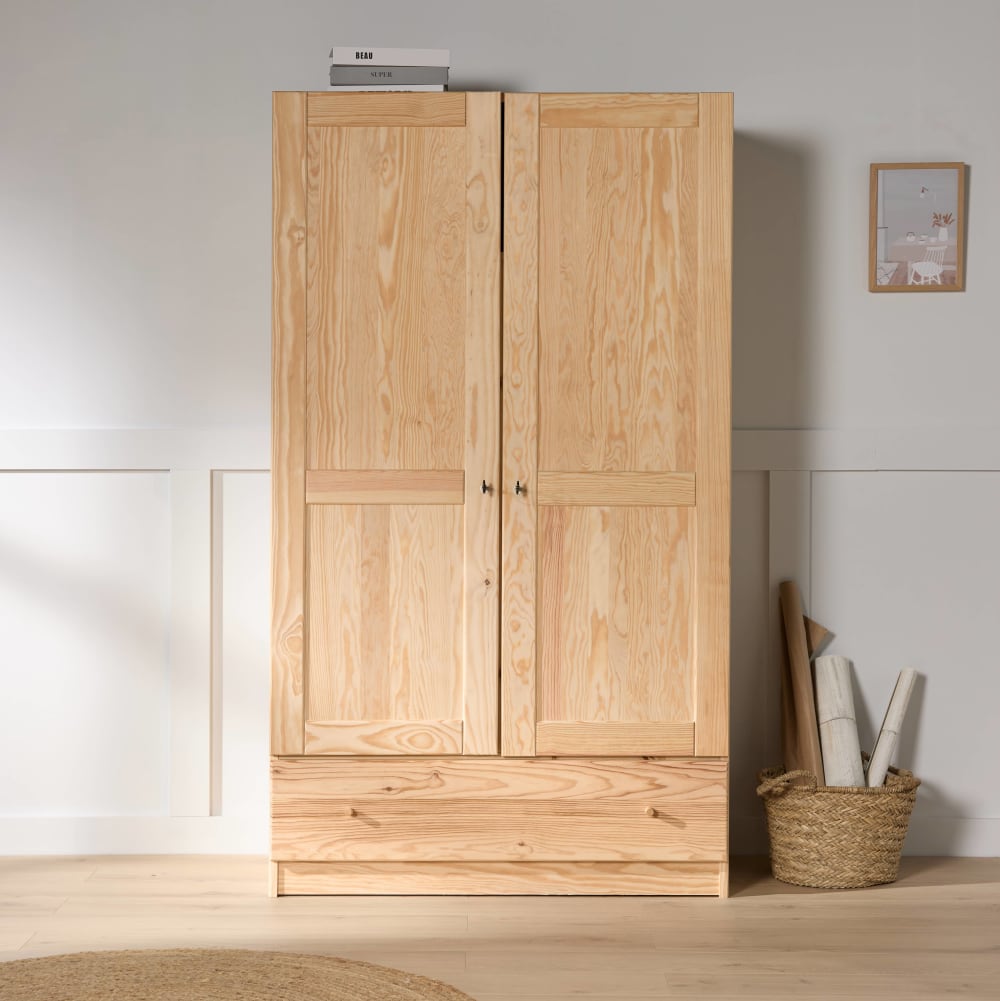 Armoire 2 portes 1 tiroir bois massif poignées bois