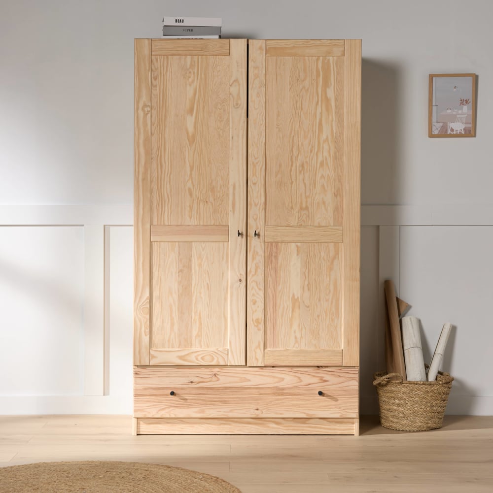 Armoire 2 portes 1 tiroir poignées noir bois massif brut