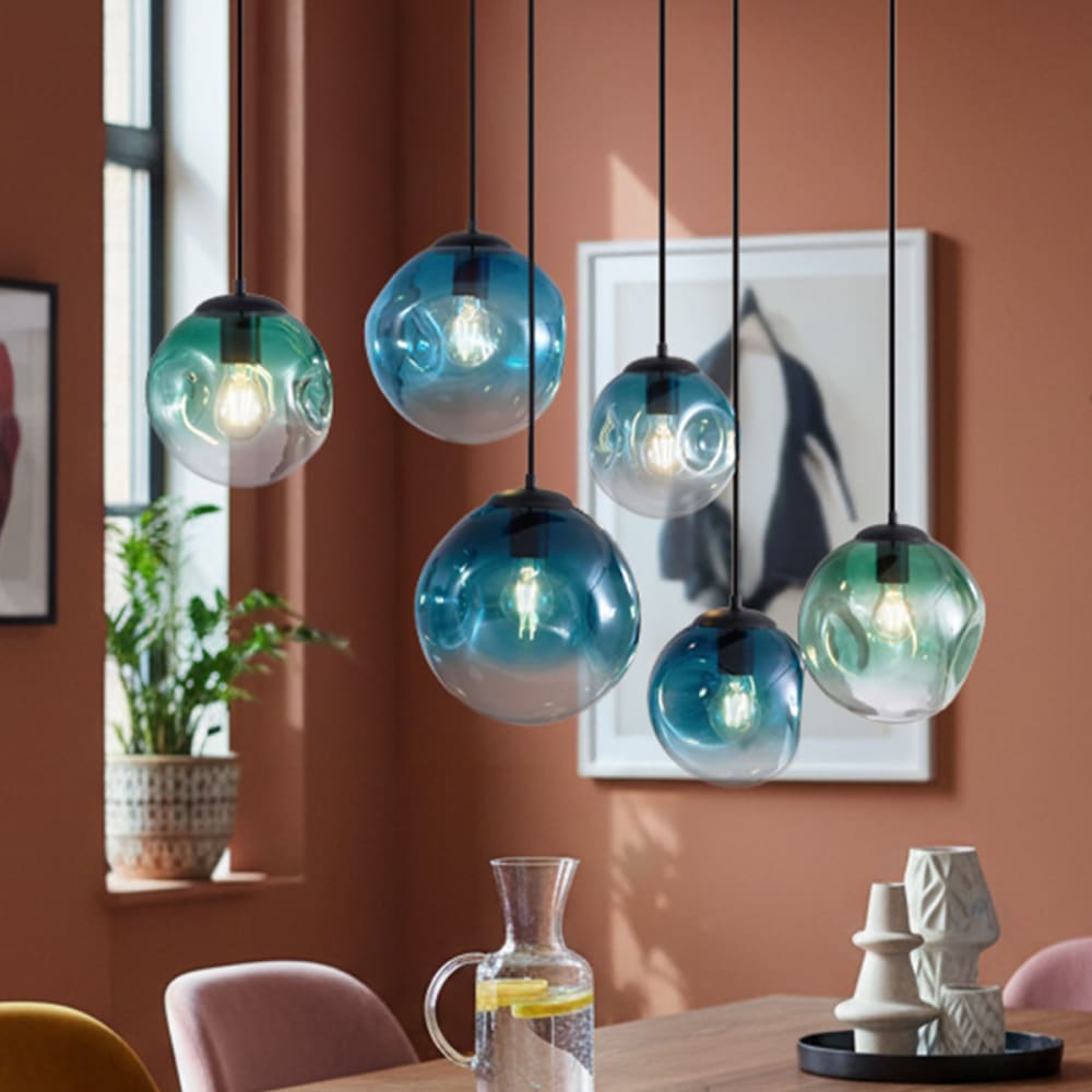 Suspension art déco noire verre vert bleu 6 lampes — vue 3