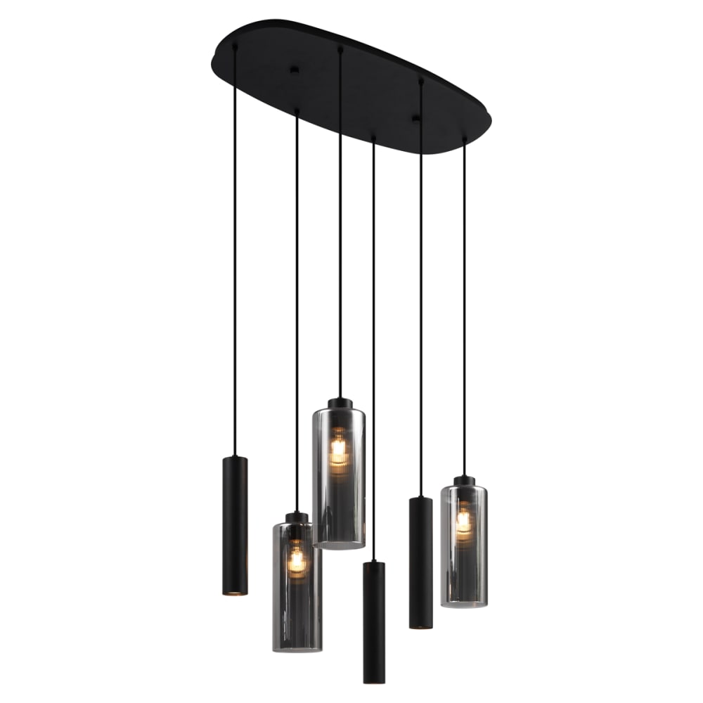 Suspension moderne noire verre fumé 6 lampes