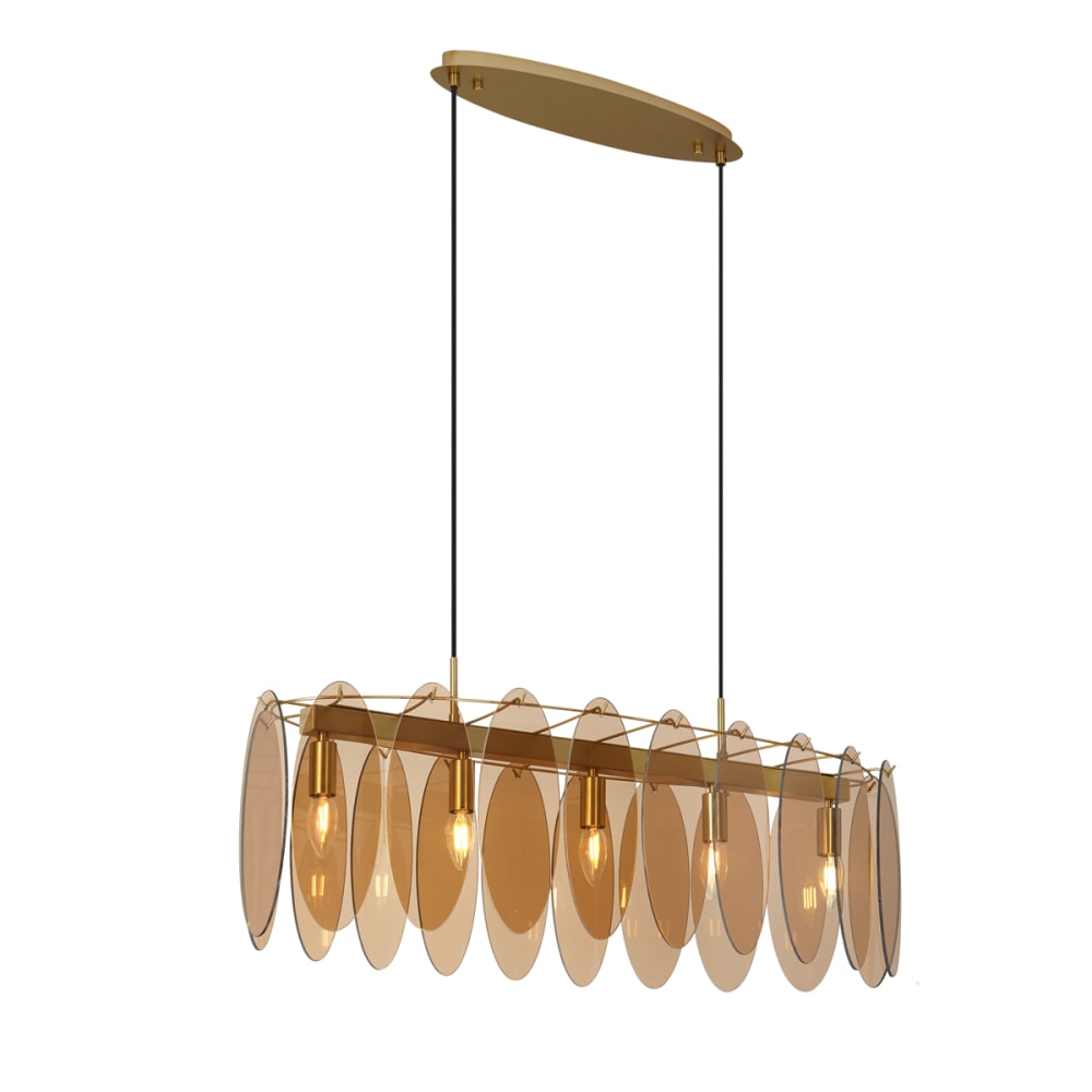 Suspension Art déco or verre ambré ovale 5 lampes