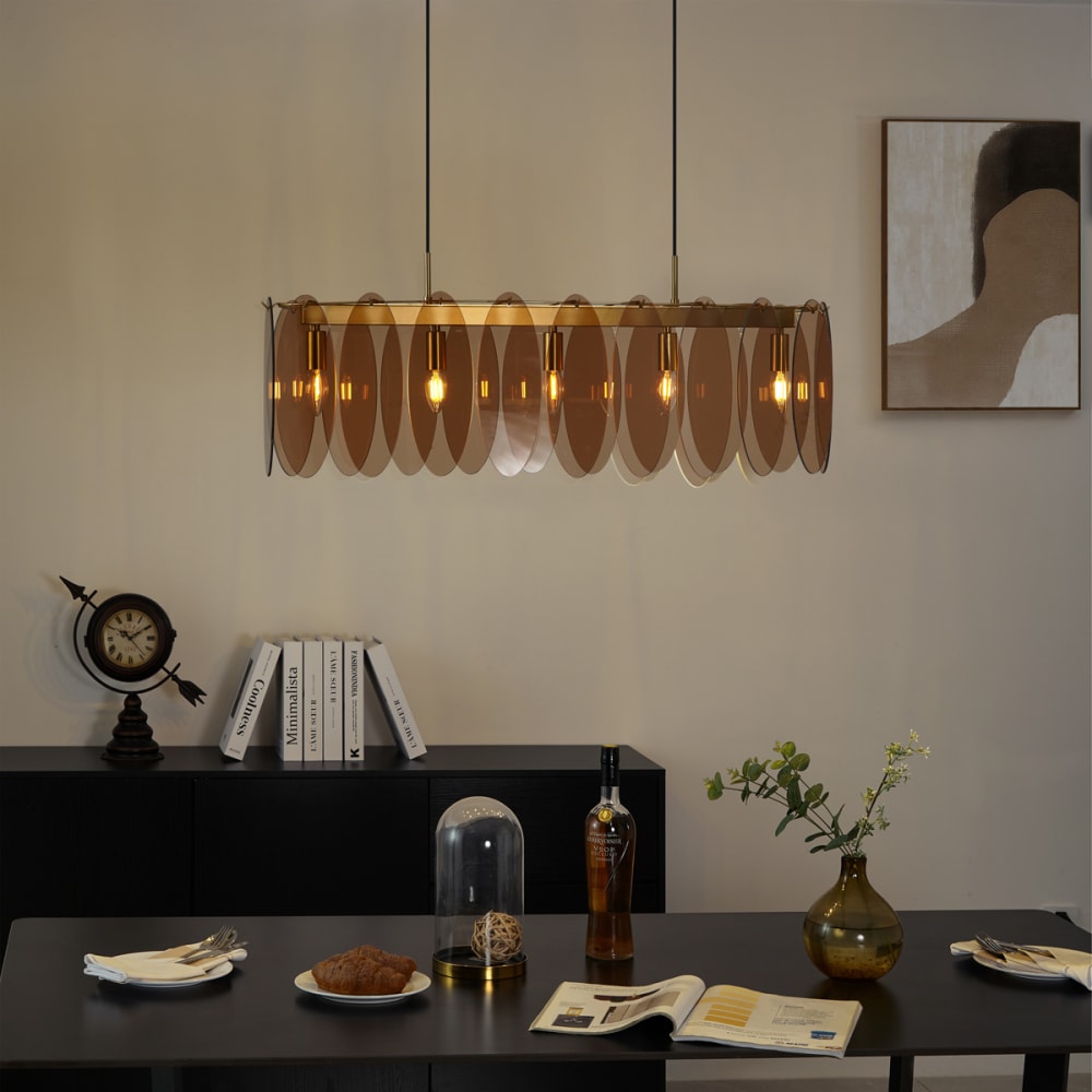 Suspension art déco or verre ambré ovale 5 lampes — vue 3