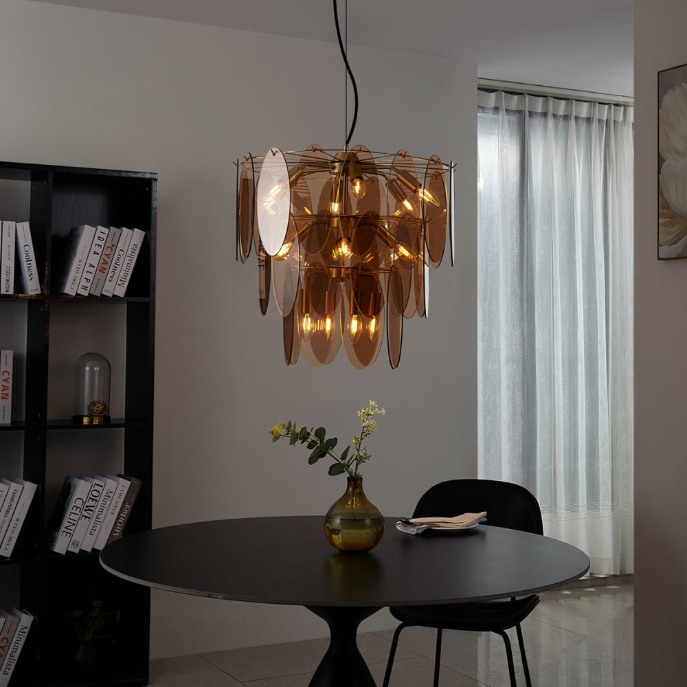 Suspension art déco dorée verre ambré 14 lampes — vue 3