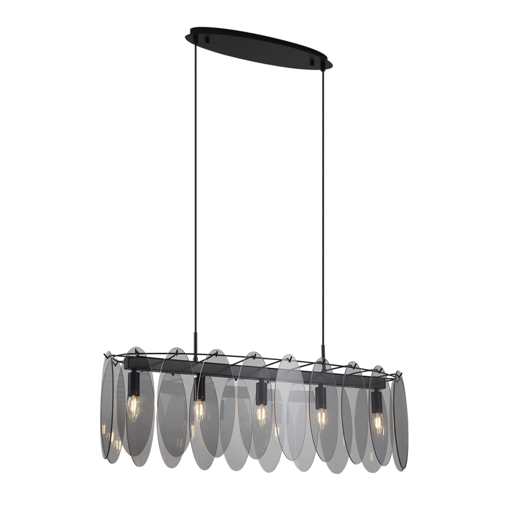 Suspension design noire verre fumé ovale 5 lampes
