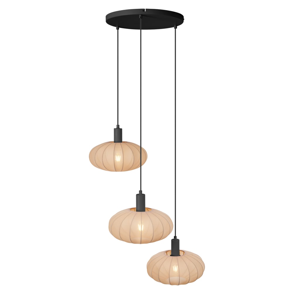 Suspension Japandi noire tissu marron 3 lampes