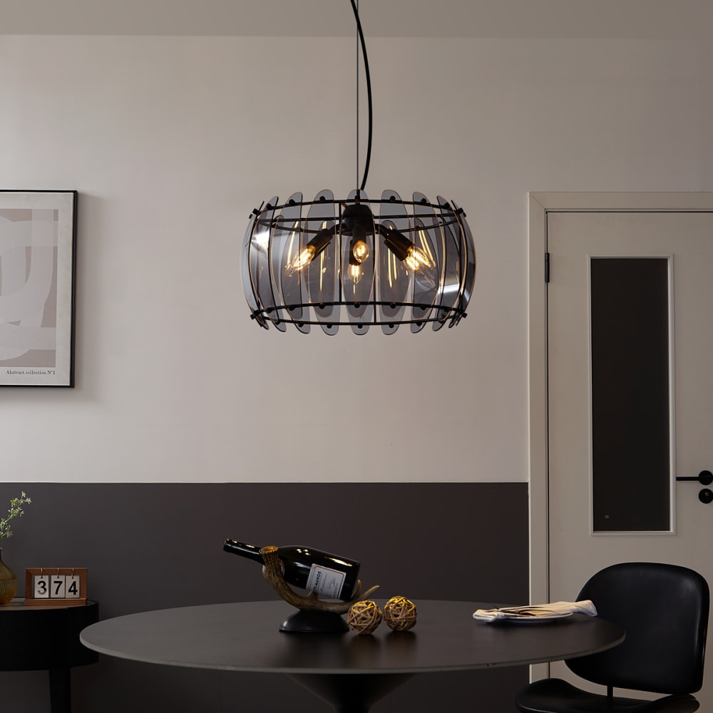 Suspension design noire verre fumé rond 6 lampes — vue 3