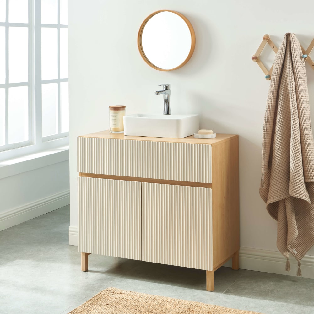 Meuble sous vasque  effet chêne et portes beiges 80cm