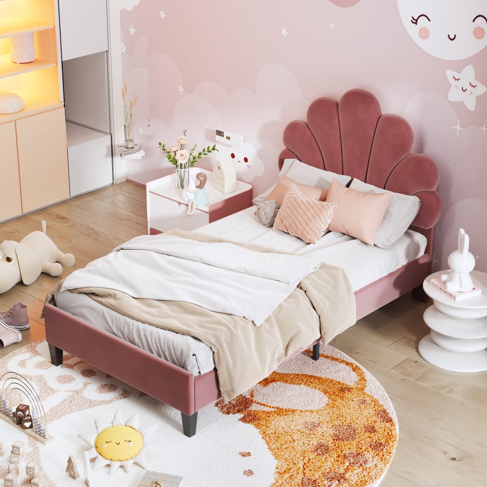 Kinderbett aus Samt mit Blumen-Kopfteil 90x200 cm, bohnenrot -