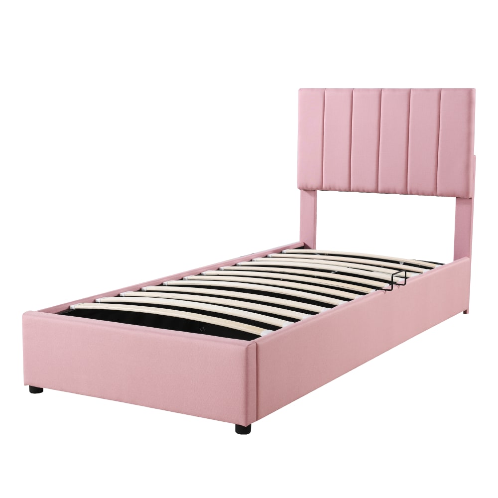 OKWISH Kinderbett aus Leinen mit hydraulischem Stauraum 90x200 cm, rosa Leinen Baby