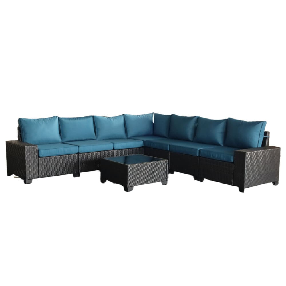 Salon de jardin d'angle 7 places en résine tressée avec table gris et