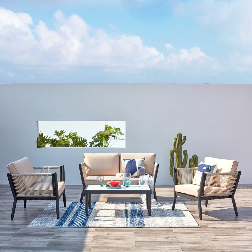 Salon jardin alu et corde gris clair