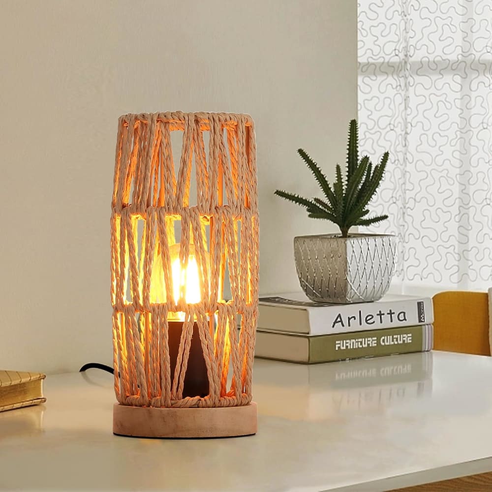 Lampe de table bohème papier tressé et bois naturel H22x10cm — vue 3