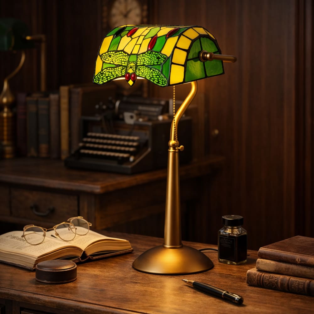Lampe de table style tiffany libellule verre mosaïque vert E27 H46cm