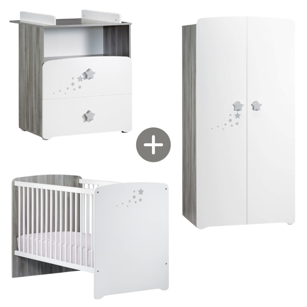 Chambre trio lit et Commode et Armoire en bois blanc