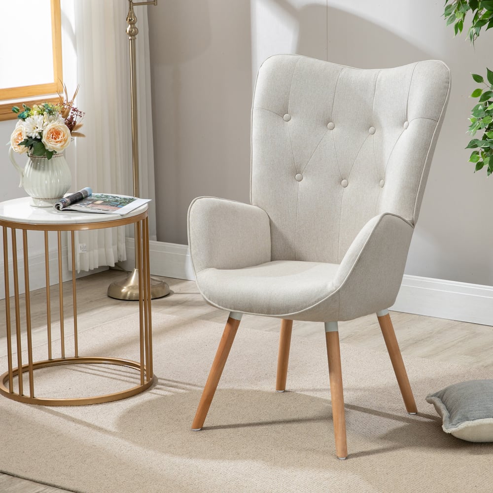 Skandinavischer Sessel mit Polyestergewebe und Holzbeinen, beige