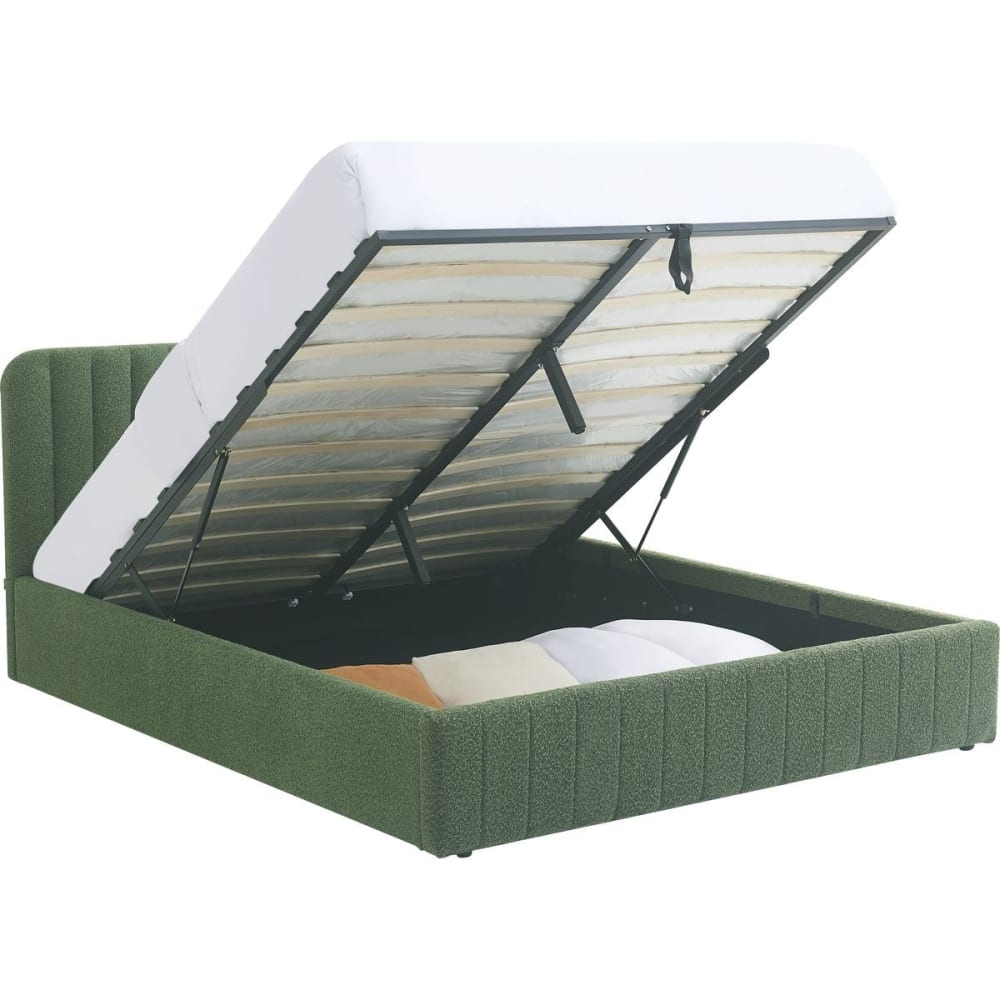 Lit coffre 140x190 cm avec tête de lit capitonnée en tissu bouclé vert
