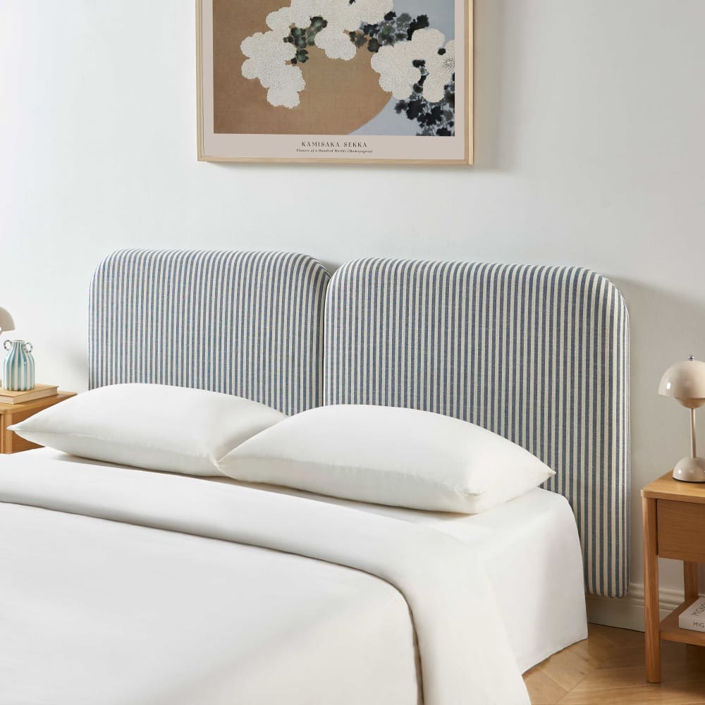 Tête de lit tissu lin rayé blanc et bleu 160cm