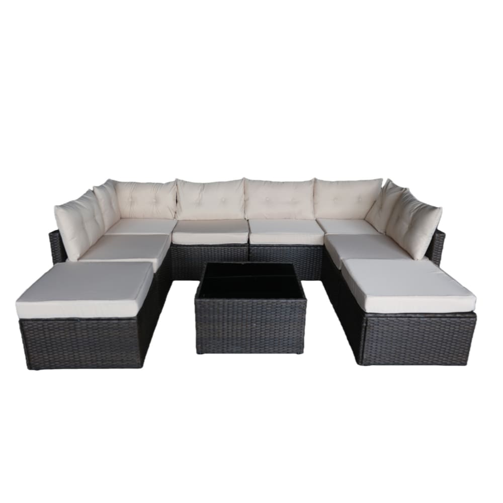 Salon de jardin 8 places en résine tressée marron et beige