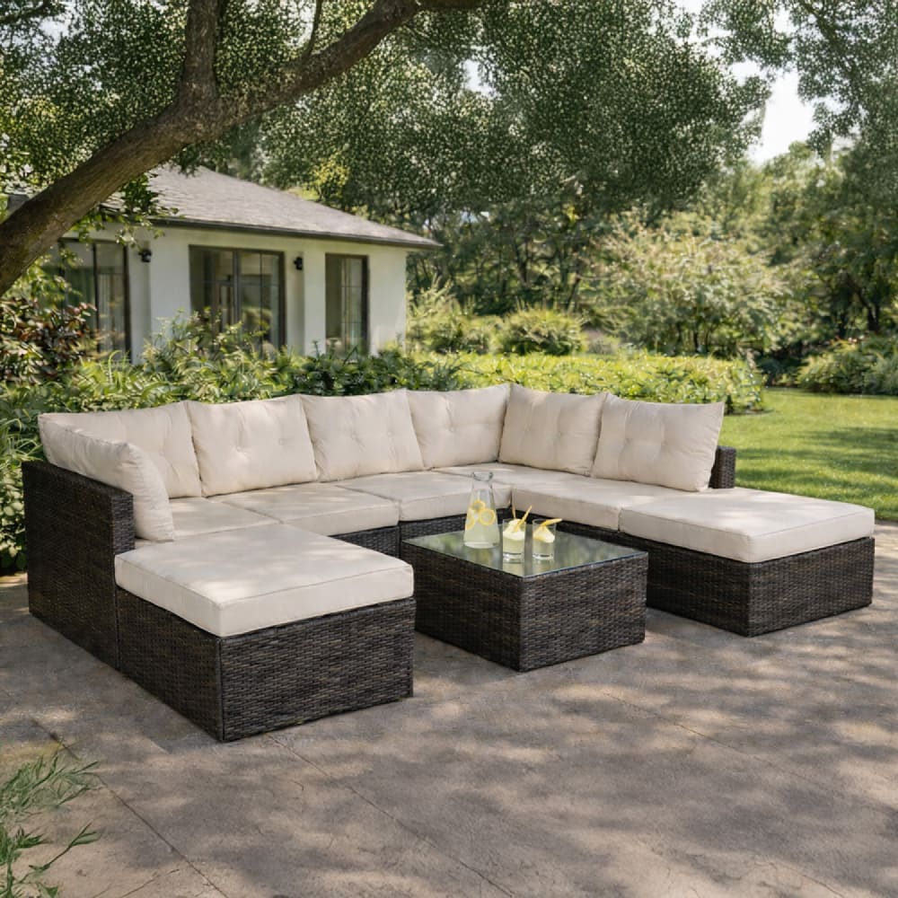 Salon de jardin 8 places en résine tressée marron et beige - image 2