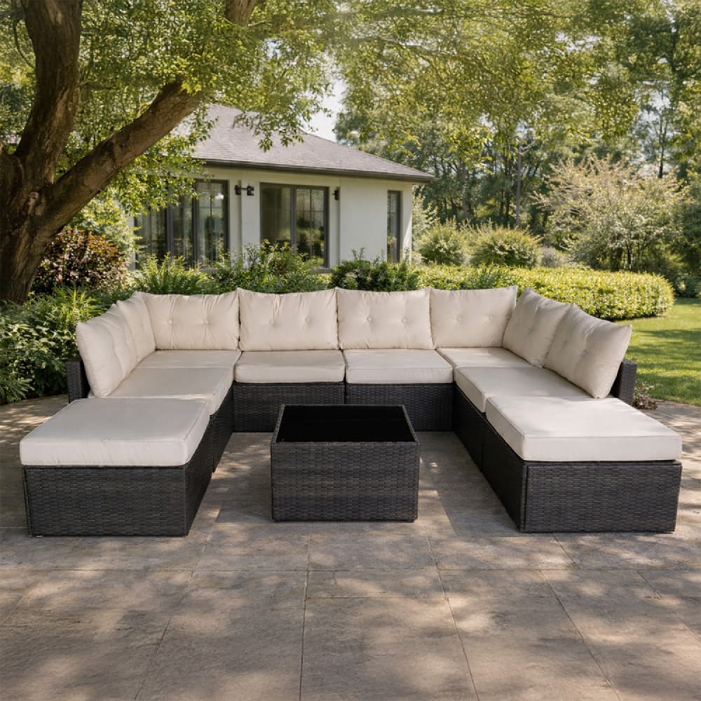 Salon de jardin 8 places en résine tressée marron et beige - image 3