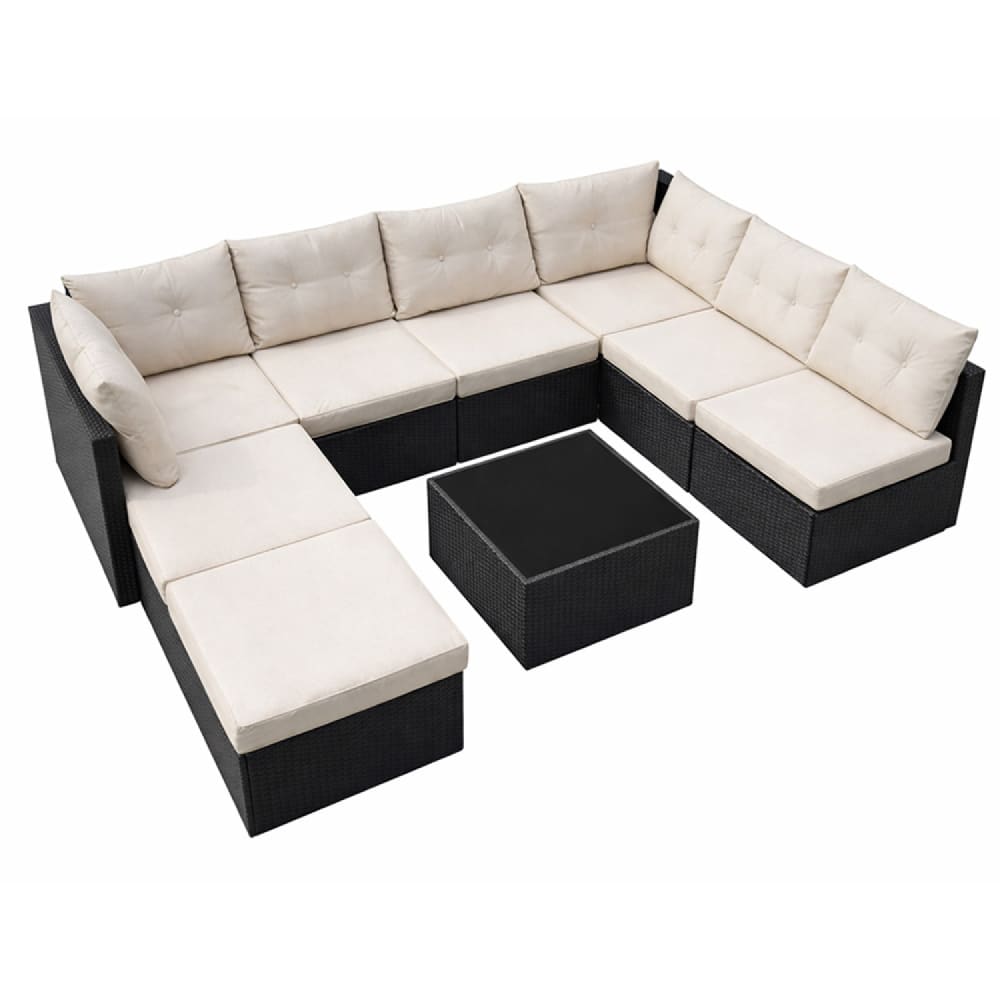 Salon de jardin 8 places en résine tressée noir et beige