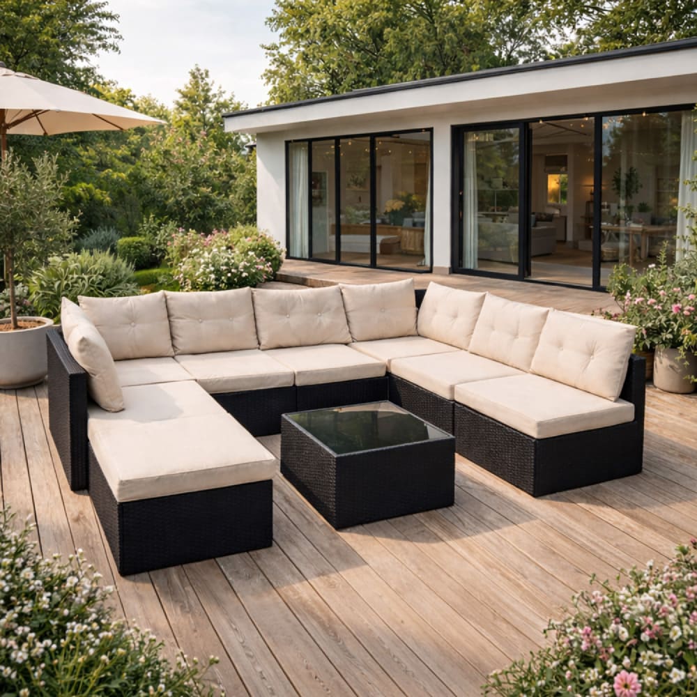 Salon de jardin 8 places en résine tressée noir et beige - image 2