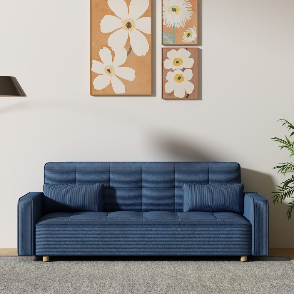 Canapé scandinave convertible 3 places en velours côtelé bleu