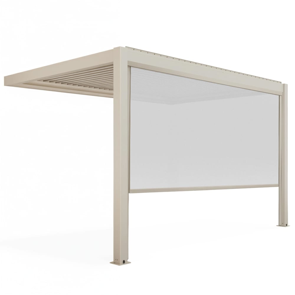 Pergola bioclimatique adossée 3x4 m et 1 store bois crème