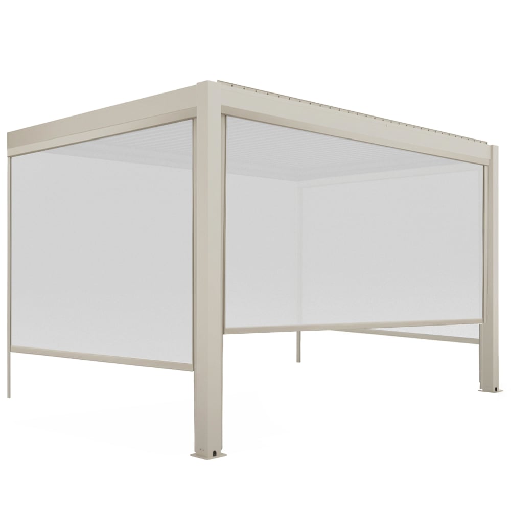Pergola bioclimatique adossée 3x4m et 3 stores bois crème