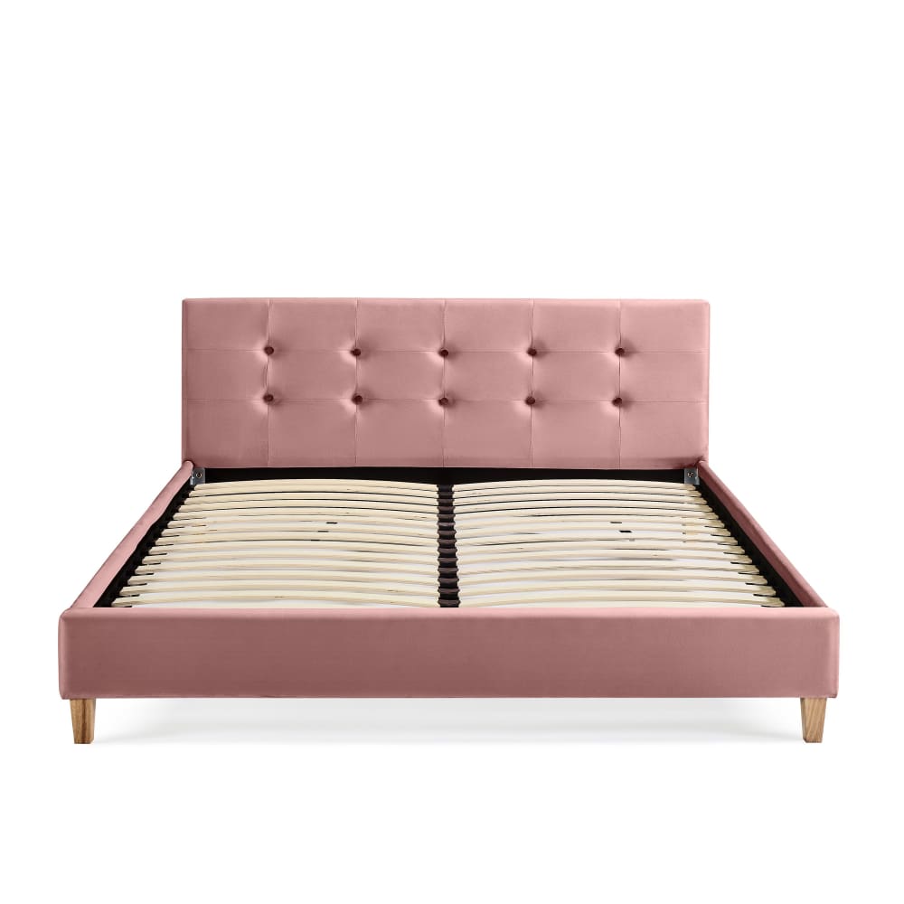 Lit 160x200 en velours avec pieds en bois rose poudré