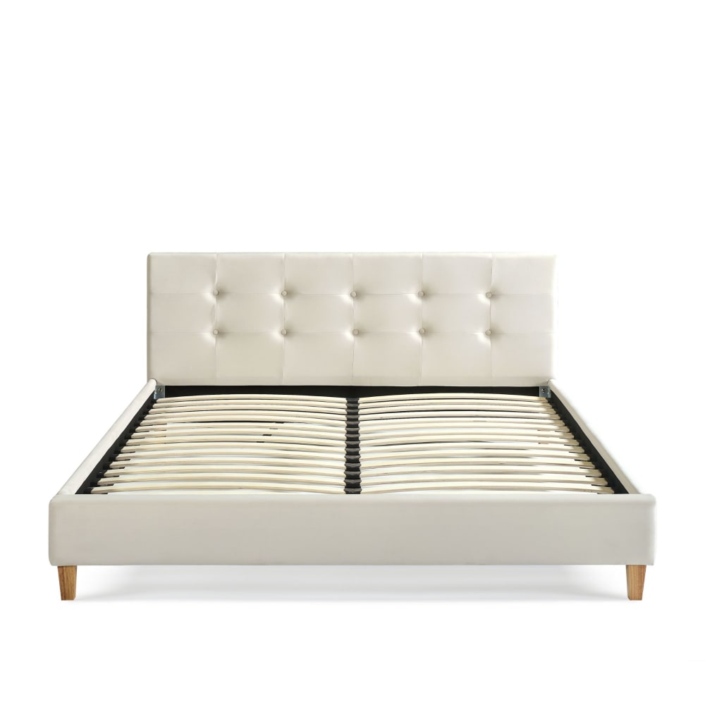 Lit 160x200 en velours avec pieds en bois écru