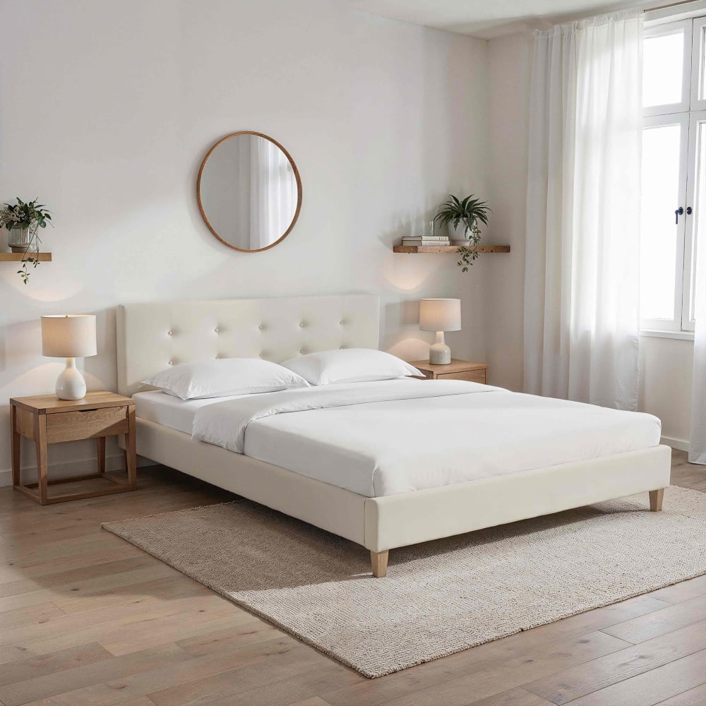 Lit 160x200 en velours avec pieds en bois écru