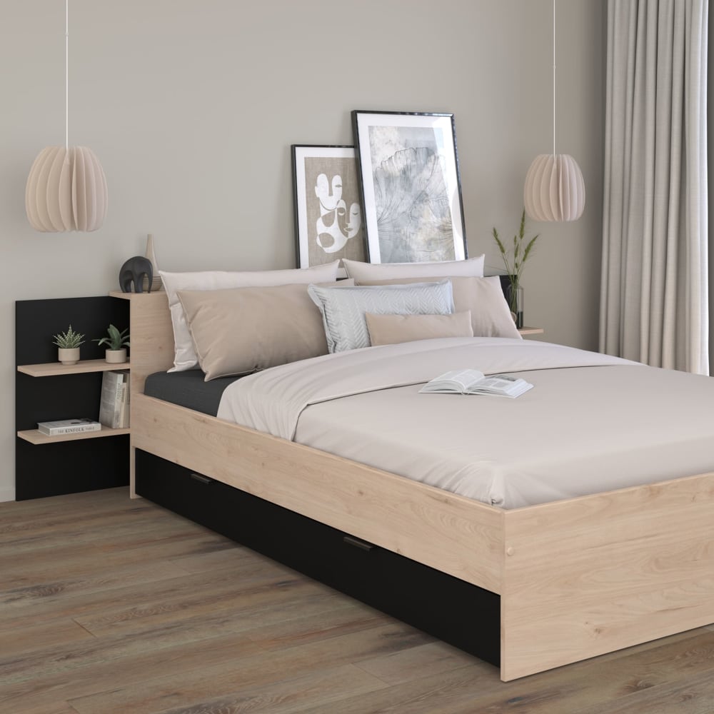 Lit avec tête de lit rangement et tiroir de lit 140x190/200 effet bois