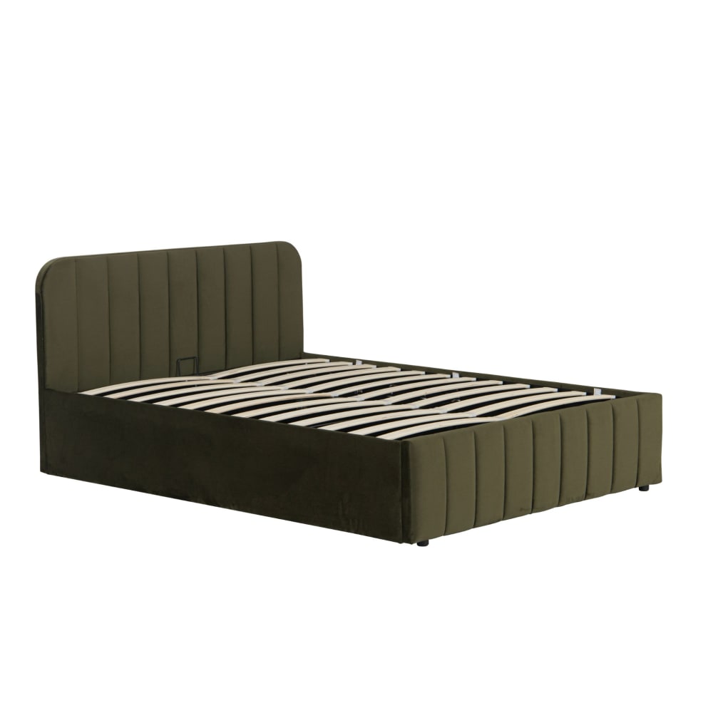 Lit coffre en velours avec tête de lit rembourrée kaki 140x190