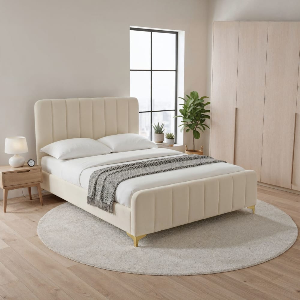 Lit 160x200 velours avec pieds métal doré écru