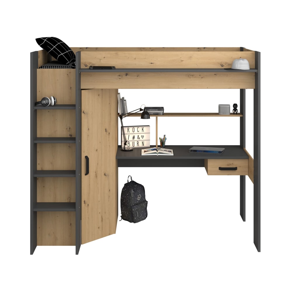 Lit mezzanine avec armoire et bureau effet bois clair Lit mezzanine avec armoire et bureau effet bois clair