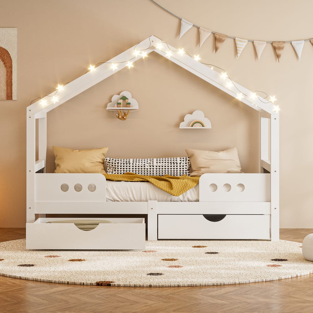 Kinderbett aus Holz mit Dachdesign und Stauraum 90x200 cm，weiß -